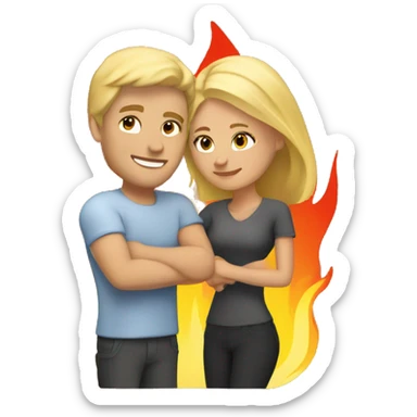 blonde man and blonde woman cuddle by fire sticker
