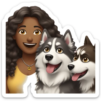 woman with long dark brown curly hair expressing joy alongside two husky's sticker