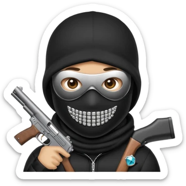 emoji with diamond grillz and black ski mask on with a gun sticker