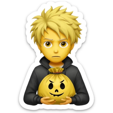 Ladrão com saco de dinheiro emoji efeito Mandela com pele amarelo com apenas a cabeça e os ombros aparecendo sem mãos sticker