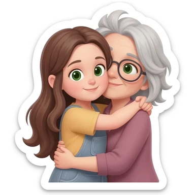 MUJER MAESTRA, PELO GRIS, MOÑO INFORMAL DESPEINADO, OJOS VERDES CARA OVALADA ABRAZA A NIÑA MORENA PELO LARGO sticker