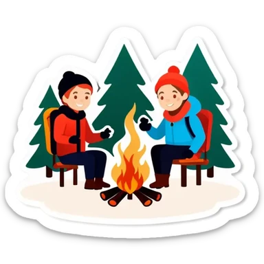 Drei Personen, Lagerfeuer in schneebedeckten Wald mit Nordlichtern am Himmel sticker