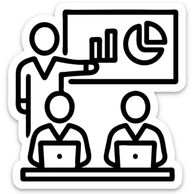 a professional team giving a presentation, with charts and laptops, outlined icon style sticker