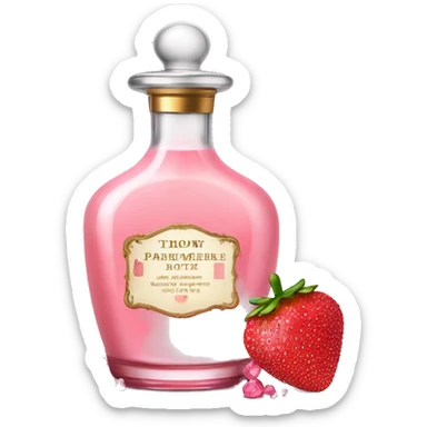 Antique parfumerie bottle with oil, made of red crystals, white cream and pink strawberry milk pour from the bottle sticker