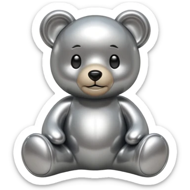 A cute teddy bear emoji made of liquid silver chrome, smooth rounded body, glossy metallic surface, soft reflections, friendly proportions, iOS emoji style, centered, clean white background sticker