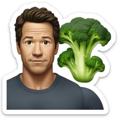 mark whalberg with a broccoli head sticker