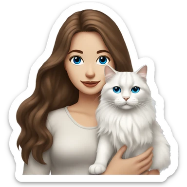 woman with long brown hair and holding a all white Siberian cat with blue eyes sticker