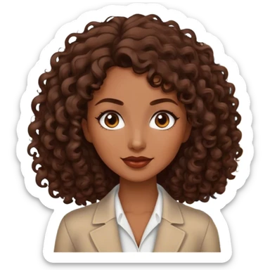 Dark brown lady with medium brown mid length curly hair in real estate job with house sticker