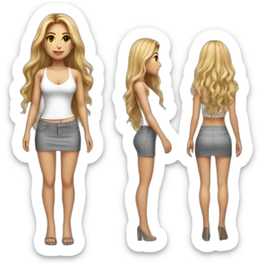 hyperrealistic shakira, long straight hair, white deep v-neck crop tanktop, gray tight mini skirt, frontal body view sticker