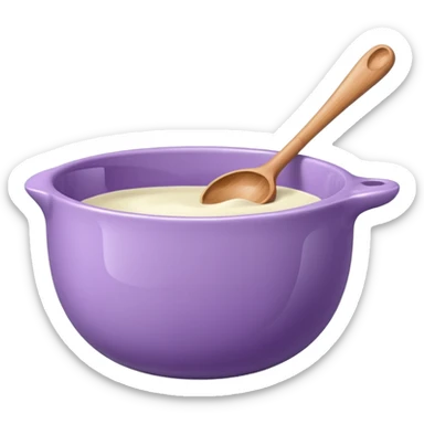 a lilac ceramic mixing bowl with a wooden spoon stirring sticker
