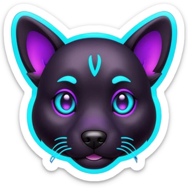 futuristic glowing black dog emoji, neon cyan eyes, purple #8B5CF6 highlights, tech minimal style, dark background sticker