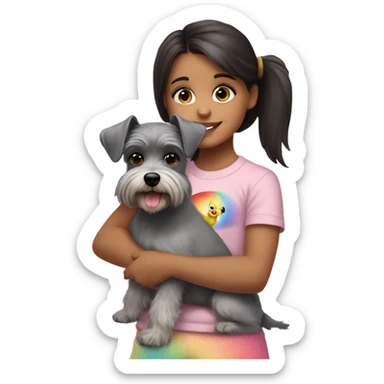 A tweety four-year-old girl with dark hair and brown eyes in a light pink T-shirt and rainbow leggings hugs a gray miniature Schnauzer dog sticker