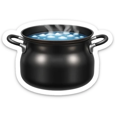 black small metal pot filled with boiling water on a stove, visible hot steam and rising bubbles, realistic heat effect, shiny pot surface, bright lighting, clean white background sticker