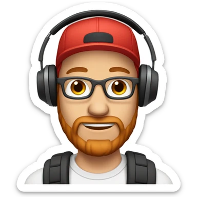 37 year old male, balding, with a snap back cap, red beard, headphones on sticker