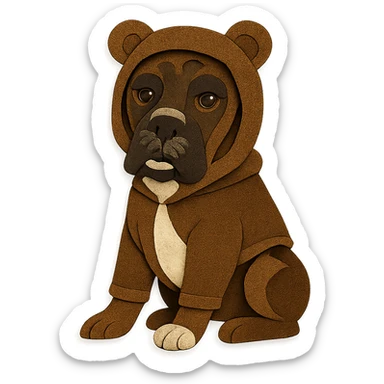 Convertir este bóxer atigrado en estilo Paper Craft, sentado, mirada tierna, usando un buzo con capucha de orejas de osito color marrón chocolate, iluminación golden hour, entorno natural con follaje sticker