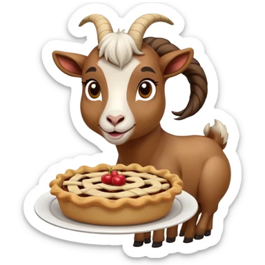 A goat eating a pie with a ponytail sticker