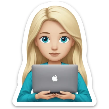 blonde long hair girl using macbook emoji. she has blue eyes and dark coffee shirt with Teal coloured accesory sticker