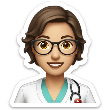 A single smart female nurse with uniform with golden round glasses with short dark brown hair with beautiful smile and pinky lip sticker