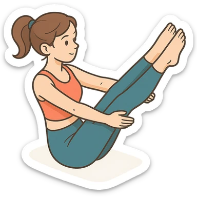 girl in cute yoga outfit performing boat pose (Navasana), 2D isometric style, very detailed drawing, shadows and highlights, clean contours, soft lighting, transparent background sticker