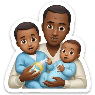Sean “Diddy” Combs with baby oil and a very small infant and he’s pouring the baby oil on the baby and they have a scared face they’re really scared while diddy is happy sticker