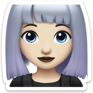 gothic girl, pale skin, blue eyes, long hair, deep purple hair, bangs, black clothes, eyeliner, mole above left upper lip sticker