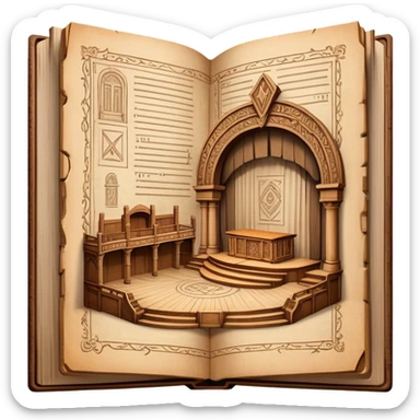 Ancient book with pages open wide displaying multiple theatrical set sketches, perspective drawings of stage designs, backdrop illustrations with Puerto Rican symbols integrated, wooden cover edges sticker