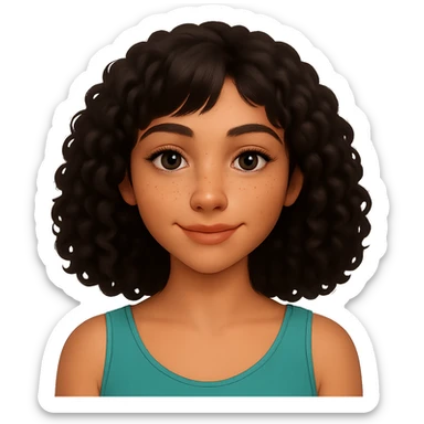 Make the hair wavy and black, with bangs more on the right side. Change the skin tone to almond. Keep the expression warm, friendly, and calm, with freckles and a glowing complexion. Preserve the transparent background. sticker