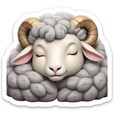 Meme-Worthy Cute Sleeping Ram Portrait Emoji, Head resting peacefully with a contented smile, showcasing a robust build and a luxuriously soft woolly grey fur with gently curled horns, eyes shut in a serene, restful nap, Simplified yet hilariously adorable features, highly detailed, glowing with a soft, drowsy light, high shine, relaxed and utterly lovable, stylized with an air of playful laziness, bright and heartwarming, soft glowing outline, capturing the essence of a comically sleepy ram, so meme-worthy it feels like it could instantly become the next viral sensation of adorable slumber! sticker