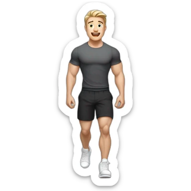 amazed Open with surprise mouth Pale skinned Fit Man With the biceps and dark brown hair in black shirt, gray sports shorts and white Sneakers sticker