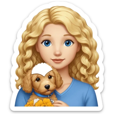 Long blonde hair, blue eyed woman with wavy blond goldendoodle sticker