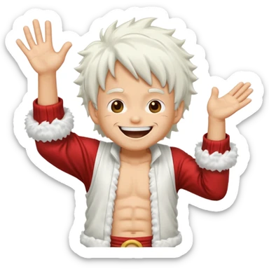 a joyful cartoon-style emoji of Luffy as a laughing character with wild, fluffy white hair, and a glowing white outfit. The character should have a big open smile, one hand on its face in laughter , and be in a dynamic mid-air pose with bent legs, as if carefree and floating. sticker