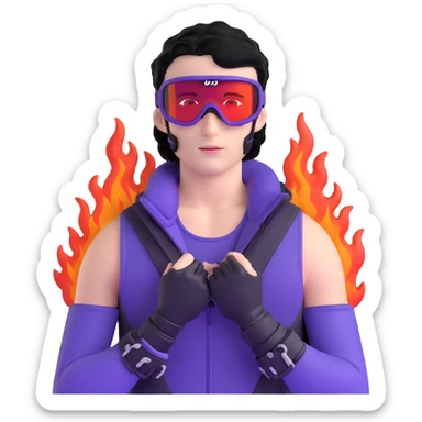 male athlete with white skin and moderately curly black hair on top with shaved sides, wearing ski goggles with purple frames and very dark black lenses, a simple plain black chain necklace, and a completely unzipped sleeveless vest with purple and black sequin fire pattern design, fully revealing his chest, shoulders and arms, no earrings sticker