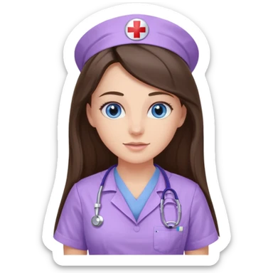 pretty brunette nurse with long hair and blue eyes in lilac scrubs sticker