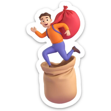 realistic dynamic pose man jumping inside of a sack, 3D style sticker