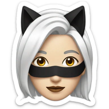 A woman with white hair and cat ears and a black mask around her eyes has white skin  sticker