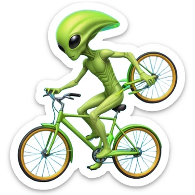 energy alien riding a bicycle, glowing light body, floating energy trails, non-physical alien form interacting with bike, fantasy sci-fi vibe, 3D cartoon, mobile game icon style, clean background, no text, no watermark
 sticker