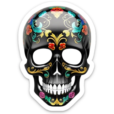 high-end glossy black skull with intricate luxury brand pattern, prismatic color accents inside skull only, professional street art quality, side view sticker