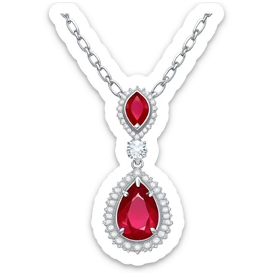 teardrop ruby pendant on silver chain, surrounded by white stones and radiant aura sticker