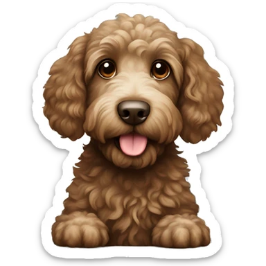 Brown labradoodle with white spots with present sticker