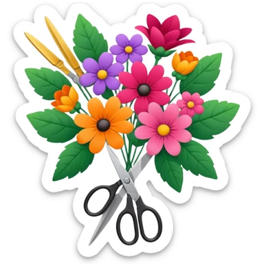 Minimalistic flat vector icon, iOS style, thin black contour on white background. Flower bouquet with leaves and scissors. No text, no shadows. sticker