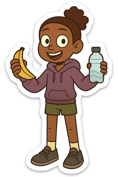 Change this image into a young fit and healthy black girl holding a banana and wearing shorts and a hooded jumper sticker