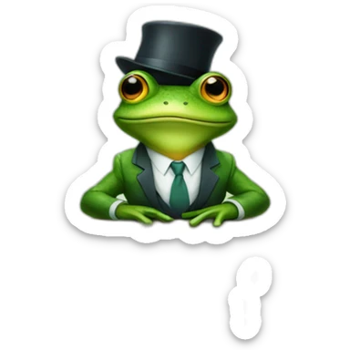 A frog wearing a suit looking straight sitting on a table and wearing a hat sticker