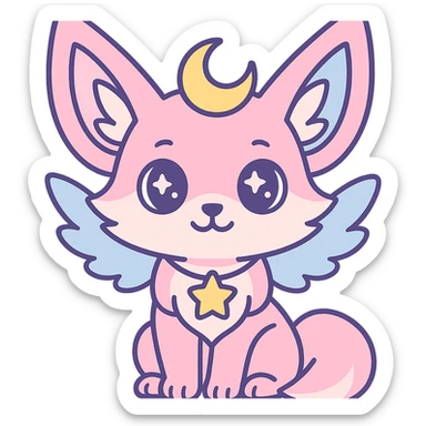 Transformer cette illustration de fennec magique kawaii en emoji expressif, style kawaii, fond transparent, garder les couleurs pastel et les accents féeriques. sticker