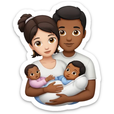 Couple male with brown skin black hair and brown eyes, female with brown hair hazel eyes and white skin holding a baby sticker