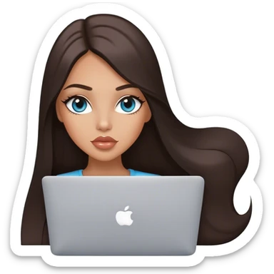Glamours tanned very beautiful girl with pump peach lips and dark chocolate straight smooth long hair, blue-grey eyes with MacBook sticker