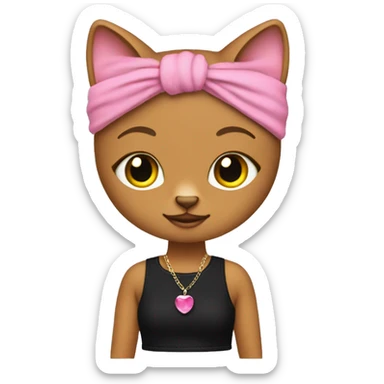 Cat with pink crop top and flared black jeans wearing earrings a neclace and a pink headband sticker