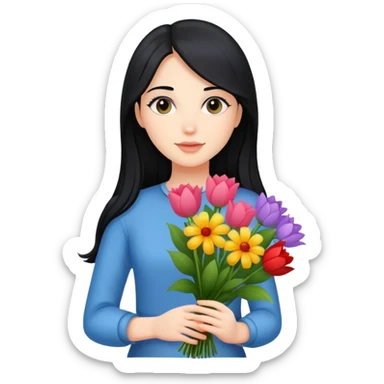 beautiful girl with long black hair holding a bouquet of flowers sticker