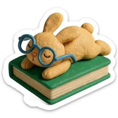 biscuit bunny lying on book with slipping glasses, claymation style sticker