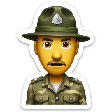 drill sergeant character wearing a classic sergeant hat and a camouflage army shirt. The character should have an angry intense expression. full torso sticker