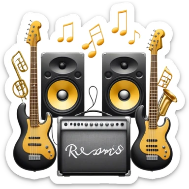 Icon for R&B Music Listening: large concert speakers and headphones with waves of musical notes coming out, along with drums, bass guitar and saxophone. The icon should convey the energetic and rhythmic vibe of R&B music. Transparent background sticker